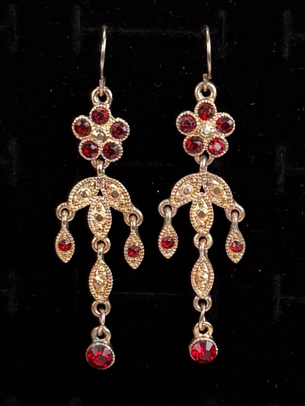 Vintage aged goldtone and red dangle chandelier pierced earrings